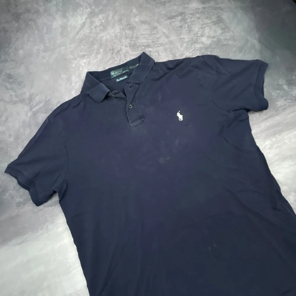 Polo Ralph Lauren Mens Large Navy Blue‎ Pima Stretch Mesh Polo Shirt Custom Fit